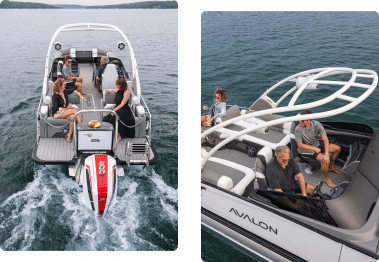 Two images of a pontoon boat on a lake. The left image shows six people socializing on the pontoons with a red and white outboard motor. The right image offers a closer view of two people at the boat's cockpit, where 'Avalon' branding is visible.