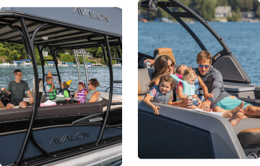 Two images: Left, a family of four and an elderly couple are seated on pontoons named "Avalon," enjoying a meal. Right, a family of five, including two young children, relaxes together on another pontoon boat named "Avalon," with a scenic lake backdrop.