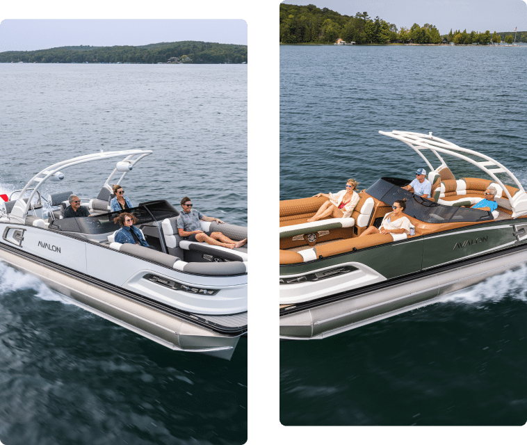 Two pontoon boats speeding on a lake, each with a group of people enjoying the ride. Both boats feature a sleek design and comfortable seating. The lake is surrounded by a lush, tree-lined shoreline under a clear sky—perfect for those searching for pontoons near me.