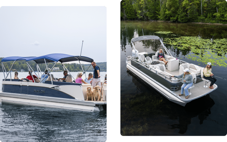 Two images of pontoon boats on a lake with people enjoying their time. The left image shows a larger boat with blue canopies and multiple people, including a dog. The right image shows a smaller boat with three people relaxing, some fishing, surrounded by greenery and water plants—perfect examples of pontoons near me.