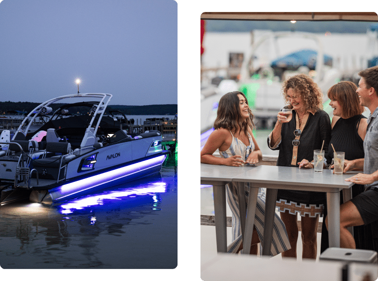 Left image: A sleek, illuminated boat docked on a calm evening with blue accent lights glowing. Right image: Four people, three women and a man, standing around a high table, smiling and enjoying drinks outdoors near waterfront pontoons.