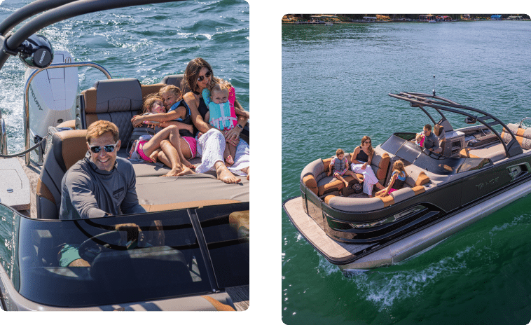Two images of a family on a luxury motorboat. The left photo shows an adult steering while two children and another adult relax. The right image provides a wider view of the boat on the water, with a group seated comfortably, enjoying the ride. It's easy to find similar pontoons near me for your next adventure.
