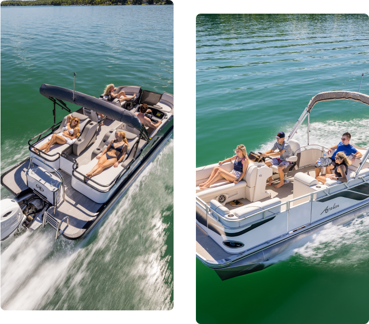 Two motorboats cruising on clear green water, each with families aboard, much like the pontoons near me. The left boat has two adults and two children lounging, while the right boat has two adults and two children, with one child holding a small dog. Both boats are moving at a steady pace.