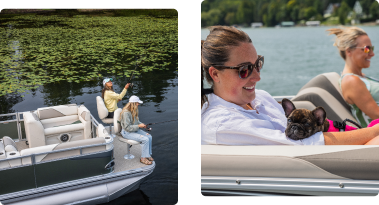 Left image: Three people are fishing from a docked pontoon boat near lily pads on a calm lake. Right image: Two people are sitting and smiling on a pontoon boat, with one person holding a small French Bulldog in their lap—pontoons near me make such moments possible.
