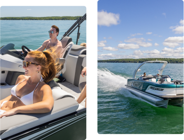Left image: A woman in a white bikini and sunglasses sitting and smiling on a boat under sunny weather, while a man behind her steers the boat. Right image: A group of people on a speeding boat from a pontoons dealer sailing across a clear blue lake with a green shoreline and blue sky.