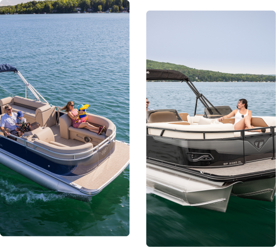 Two images of used pontoons on a lake. The left image shows four people relaxing on a beige and white pontoon boat, with a child holding a toy. The right image features a man lounging on the deck of a black and white pontoon boat, with lush green trees in the background.
