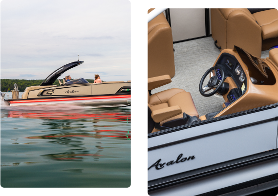 Image of a beige and black Avalon pontoon boat with people on it, moving on a calm body of water. Attached to the right is a close-up of the boat's interior, featuring small pontoons, plush tan seating area, and a sleek modern steering wheel.