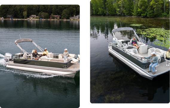 Two images of a pontoon boat on a lake. The left image shows the boat with a canopy, seating several people. The right image highlights the boat from above, showcasing cushioned seating and a table—key pontoon accessories—with three people on board amidst a lush, green shoreline.