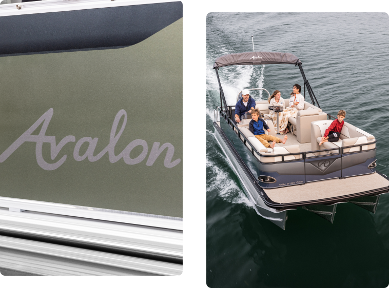 Left image shows a close-up view of a boat with the brand name "Avalon" visible on the exterior. Right image depicts a group of six people enjoying a ride on an Avalon pontoon boat in calm waters. The boat has a canopy, seating, and appears to be moving at a moderate speed—a perfect reason to buy pontoons.