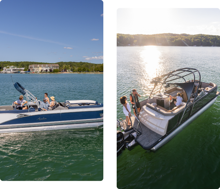 Two images side-by-side: The left image shows people on a blue speedboat near the shore on a sunny day. The right image shows people socializing on a black pontoon boat in the middle of a lake, with the sun setting and reflecting on the water. For moments like these, buy pontoons and enjoy life afloat.