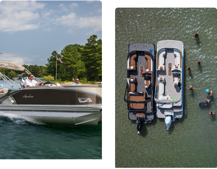 Split image: Left side shows three people in a motorboat named "Avalon" cruising on a lake with green trees in the background. Right side is an aerial view of two pontoon boats anchored in shallow water, with people swimming and wading nearby, showcasing why you might want to buy pontoons for added fun.