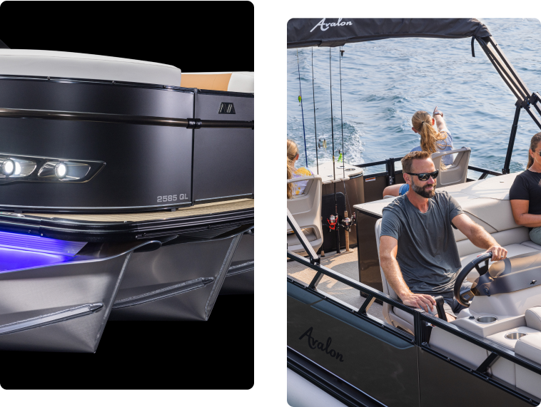 Two images: the left showing a close-up of a sleek, modern boat exterior at the front with LED lights; the right depicting three people on a boat, with one man steering, a woman holding a fishing rod, and a child sitting. For adventures like this, buy pontoons for unmatched stability on calm waters.