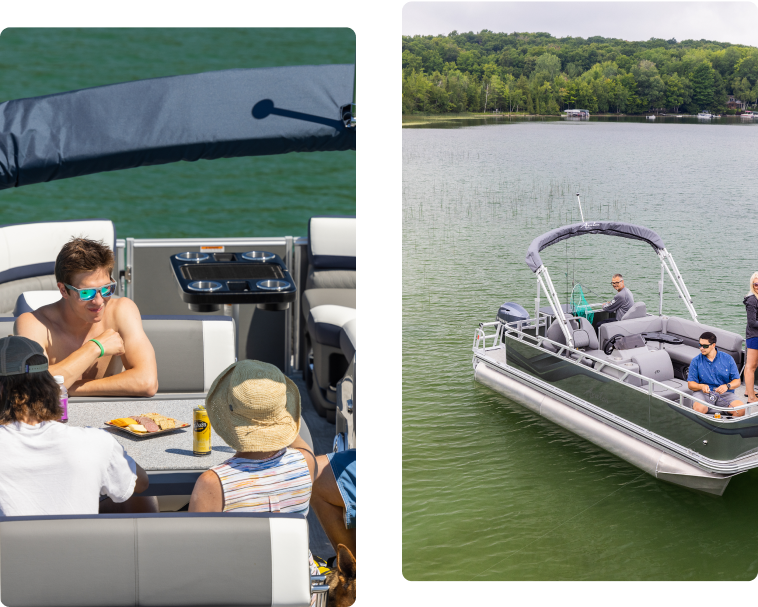 Two images of people on a boat. The left shows three friends enjoying snacks and drinks at a table. The right captures four people on a pontoon boat on a lake, with one person at the helm and others seated or standing, surrounded by lush greenery—a perfect scene to inspire you to buy pontoons.