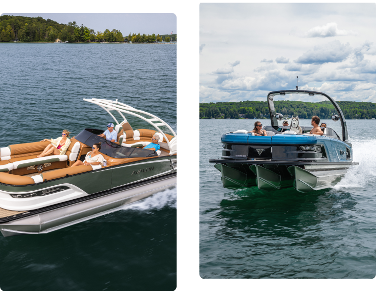 Two pontoon boats are pictured side by side on a lake. The boat on the left has a beige interior with several people relaxing onboard, and it features a white canopy. The boat on the right shows a darker-colored exterior with people enjoying a ride under a partly cloudy sky. It's the perfect scene to make you want to buy pontoons.