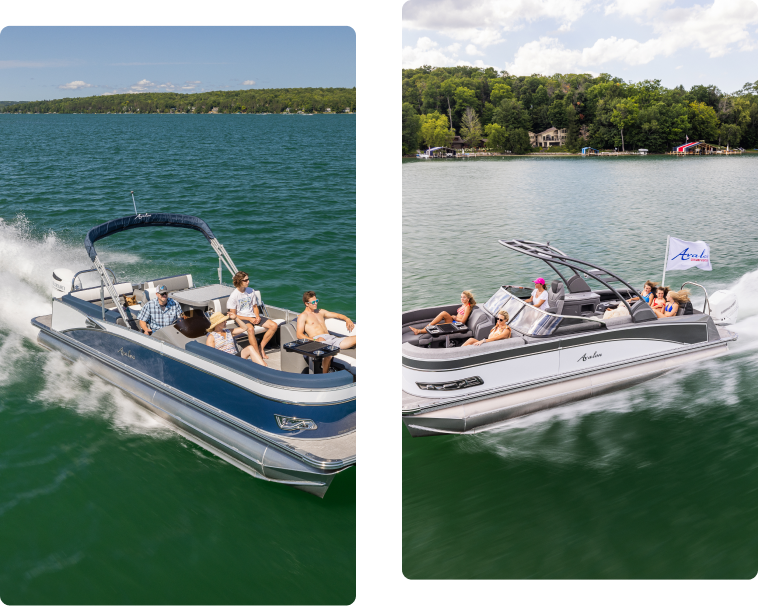 Two images of pontoon boats speeding on a lake. The left shows a navy blue boat with several people, including one steering, and the right shows a white boat with several people under a black canopy. Both boats are moving swiftly, creating waves in their wake. Ready to buy pontoons for your next adventure?