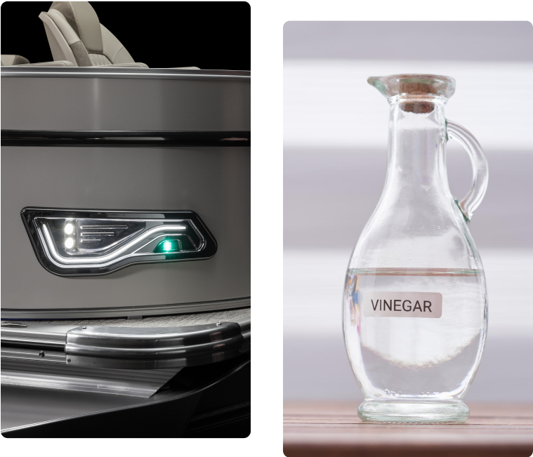 A split image shows a close-up of a car's rear LED light on the left and a clear glass bottle labeled "Vinegar" on the right, placed on a wooden surface, reminiscent of sleek aluminum pontoons gliding effortlessly through water.