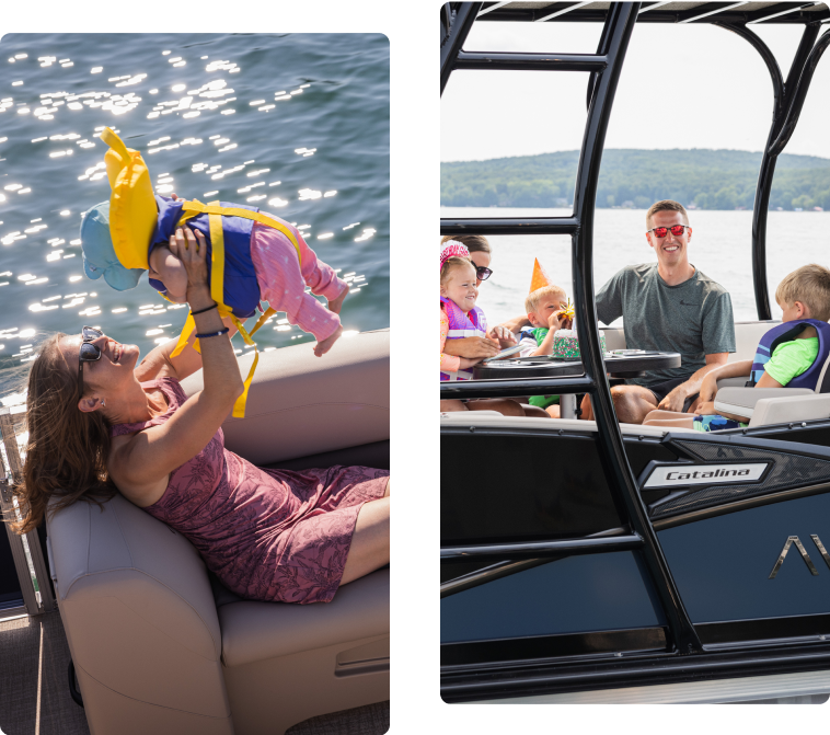 Two images show a family enjoying a boat ride. In the left image, a woman in sunglasses holds a baby wearing a life jacket and hat above her. In the right image, a man and three children, all in sunglasses, sit around a table on the boat named "Catalina," which features sleek aluminum pontoons.