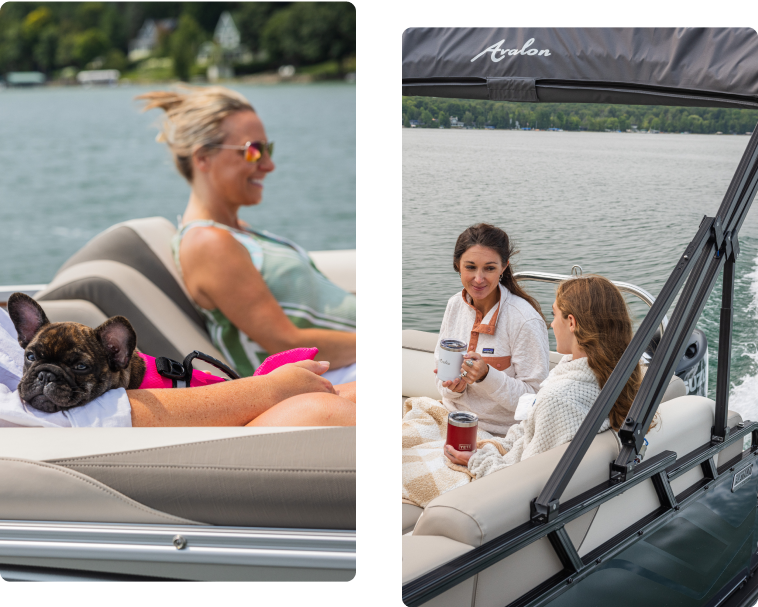 Two images of people relaxing on a boat. Left: A person lounging on a boat seat with a French Bulldog in a pink harness. Right: Two people sitting and talking on a boat, holding drinks while wrapped in a blanket. Both are on aluminum pontoons, gliding through a calm lake with trees in the background.