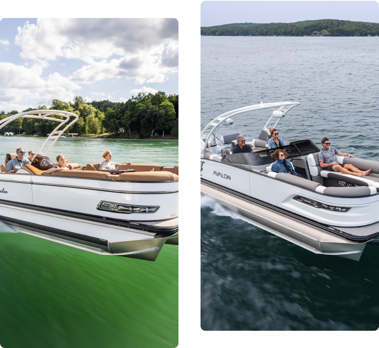 Two side-by-side images of a white pontoon boat named Avalon, gliding on calm, green water. The boat features a curved canopy, padded seating, and is occupied by five people enjoying the ride. With aluminum pontoons providing stability, the lush, forested shoreline forms a picturesque backdrop under a partly cloudy sky.