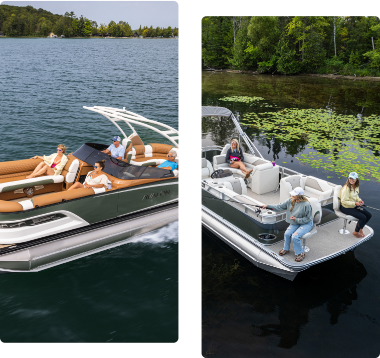 Two images of a pontoon boat with sleek aluminum pontoons on a lake surrounded by trees. The left image shows several people lounging and cruising on the boat, while the right image captures a group fishing near a shore adorned with lily pads.