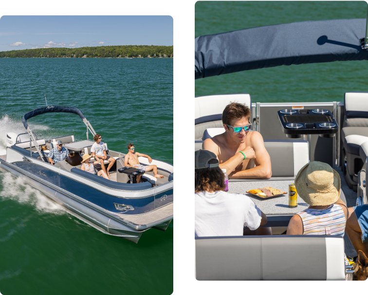 Left image: A pontoon boat with five people cruising on a lake under clear skies, its aluminum pontoons glistening in the sun. Right image: Four people on a pontoon boat enjoying a meal and drinks at a table, with one person wearing a hat and another wearing sunglasses.