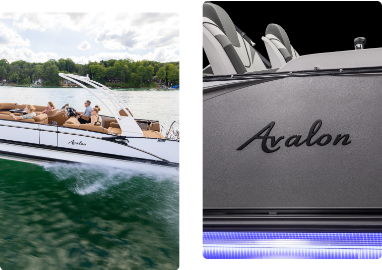 On the left, two people relax on a white and tan Avalon pontoon boat cruising on a lake surrounded by greenery. On the right, a close-up of the boat shows the "Avalon" logo and a strip of blue LED lights below it, exemplifying luxury that justifies its pontoon boat price.