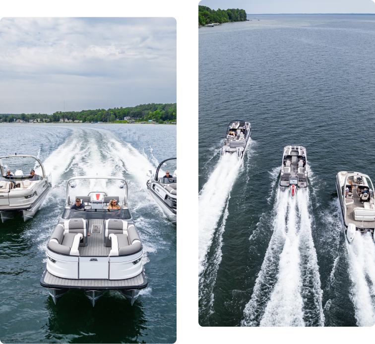 Side-by-side images of pontoon boats on a lake. The left image shows three boats from the rear, leaving trails in the water, with a forested shoreline in the background. The right image displays an aerial view of the same three boats speeding across the lake, highlighting their performance and pontoon boat price worthiness.