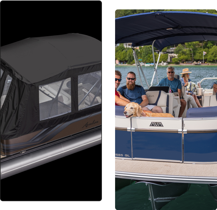 On the left, a covered pontoon boat with windows is shown against a black background. On the right, an uncovered pontoon boat on the water has three people sitting inside with a dog. The people are smiling and appear to be enjoying their time on the boat, pondering if the pontoon boat price was worth it.
