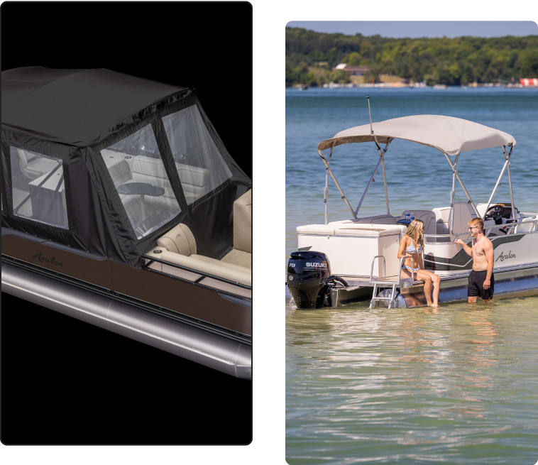Left side: Close-up of a boat's interior with dark canvas enclosures and clear plastic windows. Right side: Two people enjoying a sunny day on a small boat in shallow water. One person remains on the boat while the other steps into the water using a ladder, highlighting the affordable pontoon boat price.