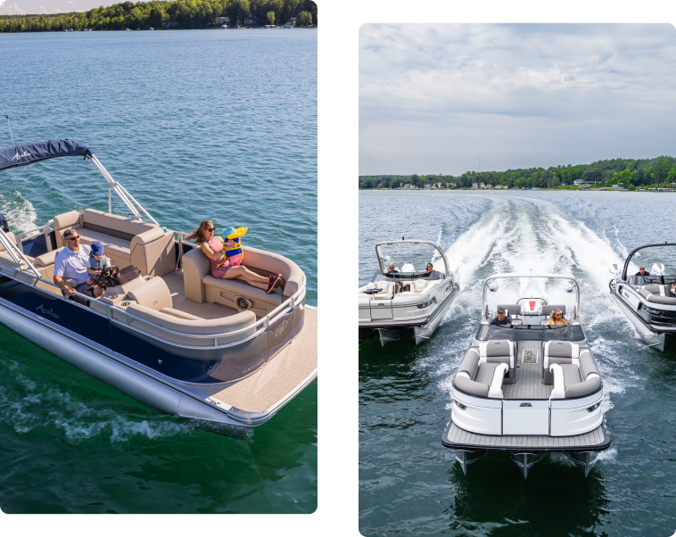 Two images of boats on a lake. The image on the left shows a family relaxing on a pontoon boat with a child holding a toy—making one ponder the pontoon boat price for such serene moments. The image on the right displays three speedboats moving at high speed, creating trails in the water behind them. Trees and shoreline are in the background.