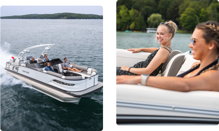 Left image: A group of people enjoy a sunny day on a luxurious pontoon boat speeding across the water. Right image: Two women smile and relax on the comfortable white seating of the pontoon boat, with a scenic lakeside view in the background. Interested? Check out our new pontoon boat sales today!