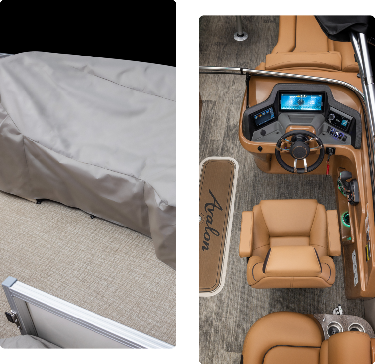 Side-by-side images show a covered object on a beige carpet on the left, and a detailed view of a boat's helm station with a steering wheel, dashboard, and captain's chair in tan leather on the right. A mat labeled "Avalon" is visible in front of the helm, highlighting new pontoon boat sales.