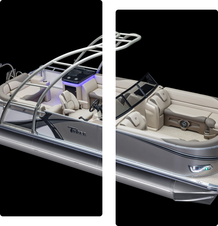 Discover our new pontoon boat sales featuring a modern design with sleek, light-gray seating. This spacious vessel boasts a control console with illuminated display and an overhead structure. The well-lit interior is expertly crafted for comfort against a striking black background.