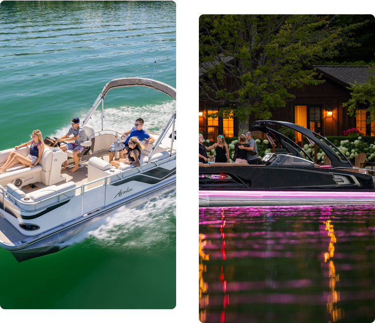 Left Image: A group of five people enjoying a ride on a white Avalon pontoon boat in clear green water under a sunny sky. Right Image: A black boat with neon pink lighting docked near a waterfront house at night, with several people conversing on the shore, showcasing new pontoon boat sales in action.