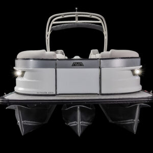 Front view of a white pontoon boat against a black background, featuring LED navigation lights. The boat has sleek, modern lines and a spacious seating area with a canopy. The brand logo is visible in the center.
