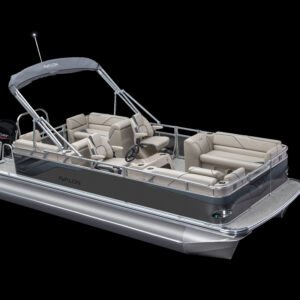 A modern, gray pontoon boat with cushioned seating, a canopy, and a motor at the back, displayed against a black background.