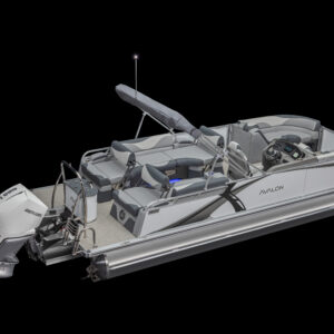A modern pontoon boat with gray seating and a white Mercury outboard motor, set against a black background. The boat has a canopy and various seating arrangements for passengers.