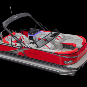 A modern pontoon boat with a red and gray color scheme is shown. It features upholstered seating, a modest helm, and a black canopy top, set against a black background.