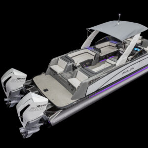 A silver pontoon boat with two large outboard motors, showing spacious seating, a canopy, and a sleek, modern design against a black background. The interior is furnished with light gray and purple accents.
