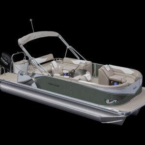 A pontoon boat with beige and gray seats, equipped with a canopy, steering console, and an outboard motor on the back. It has metallic railings and is set against a black background.