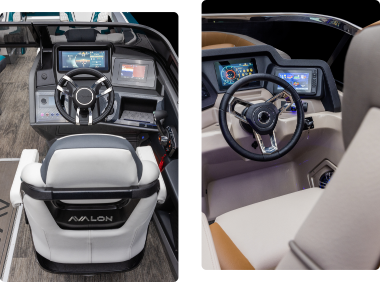 Split image of two boat steering consoles. The left console features multiple digital displays and luxurious seating, labeled "Avalon." The right console has a sleek design with digital screens and a stylish steering wheel.