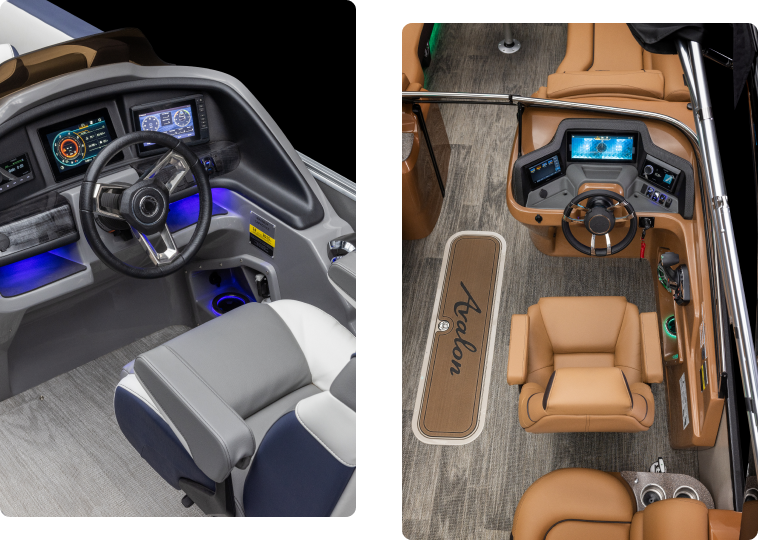 Side-by-side images of luxury boat interiors. The left shows a gray, blue, and white cockpit with instruments and a steering wheel. The right displays a brown helm seat, control panel with screens, and a textured floor with "Avalon" written on a mat.