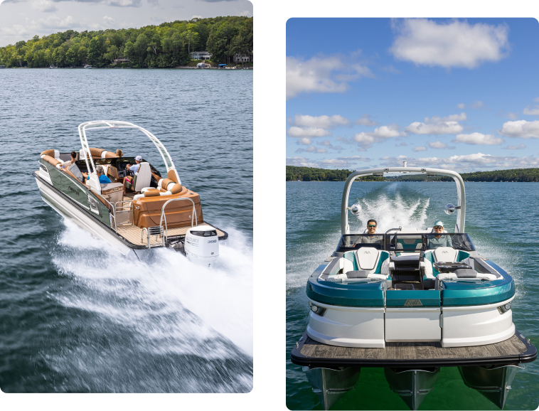 Two images of motorboats on a lake: one shows a group relaxing on a tan pontoon boat moving left, surrounded by lush greenery. The other depicts a teal and white boat moving toward the viewer, driven by two people under a cloudy blue sky.