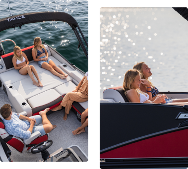 Two images of people relaxing on boats. The left shows three women and a man lounging on a deck under a canopy. The right image features two women reclining on a red and black boat with a view of the sparkling water.