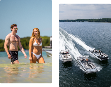 Left: A man and woman walk through shallow water at the beach. Right: Three motorboats speed across a calm lake, leaving white trails behind them. Trees and a cloudy sky are visible in the background.