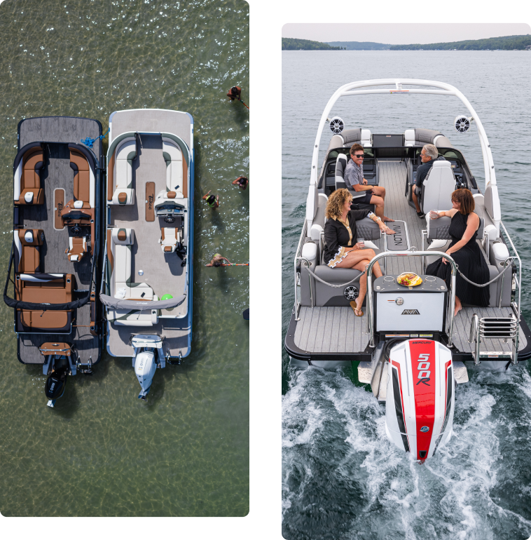 Two images of pontoon boats. Left: Top view of two anchored boats with people swimming nearby. Right: Rear view of a pontoon boat speeding on a lake with four people seated, enjoying the ride.