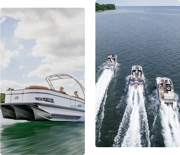 Left image: A boat speeding through water with two people on board under a cloudy sky. Right image: Four boats cruising on a lake, leaving white trails behind, with a forested shoreline in the distance.
