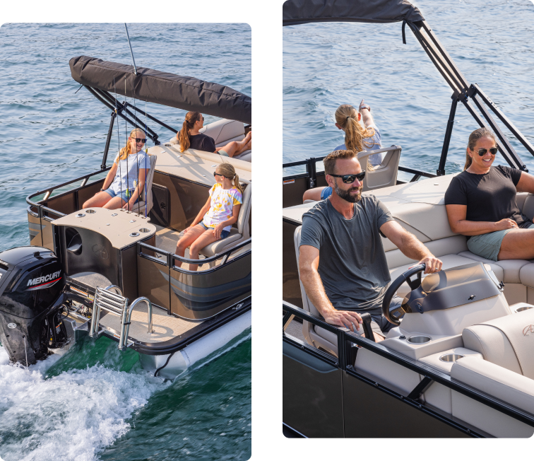 Two images of people enjoying a boat ride on a sunny day. The first image shows three people relaxing at the back of the boat. The second image shows a man steering the boat and a woman sitting beside him. The water is calm and the sky is clear.
