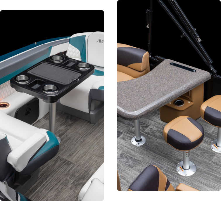 Split image showing two interior views of a boat. Left side has a seating area with a table and cup holders, featuring teal and white cushions. Right side shows a bar-like table with brown and beige stools on a gray wood floor.