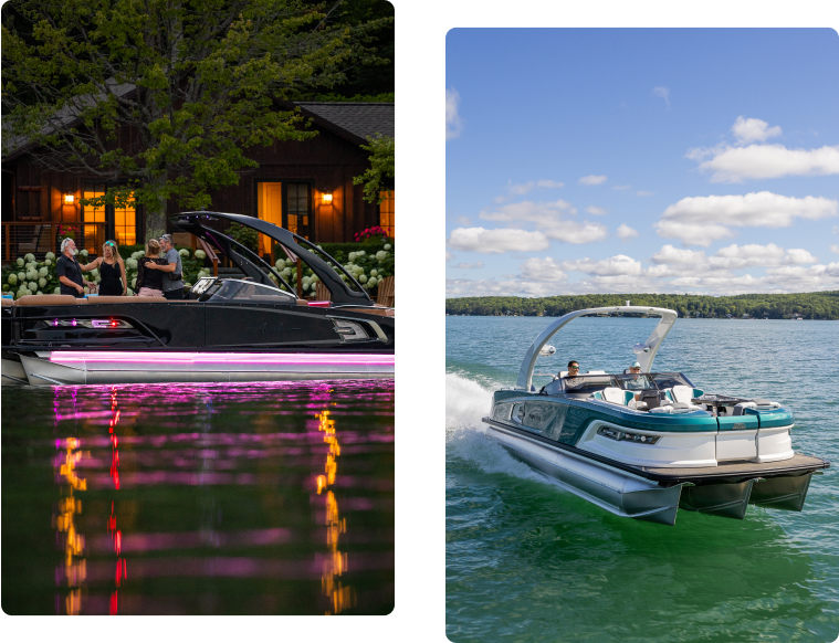Image split: Left side shows people on a sleek boat with pink lights docked by a house at night. Right side displays the same boat cruising on a lake under a clear, sunny sky.